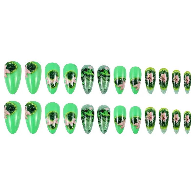 24-teilige Little Frog Lotusblatt-Muster Mode Tragbare Nägel - Abnehmbar und Trendy Europäischer & Amerikanischer Stil