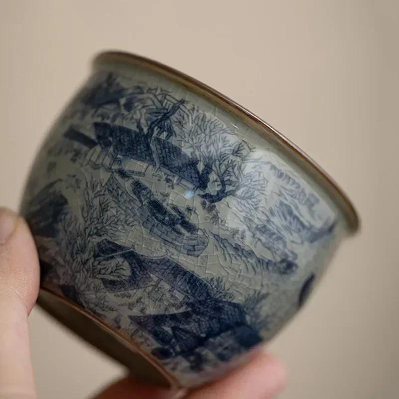 1 Pc Chinese Blue and White Porcelain Tea Cup Antique Handmade Ceramic Tea Bowl Pu'er Master Teacup Household Tea Set 110ml