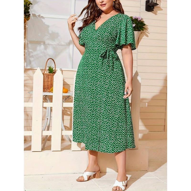 

Платье больших размеров с принтом, V-образным вырезом, высокой талией, шнуровкой и запахом на талии 5XL