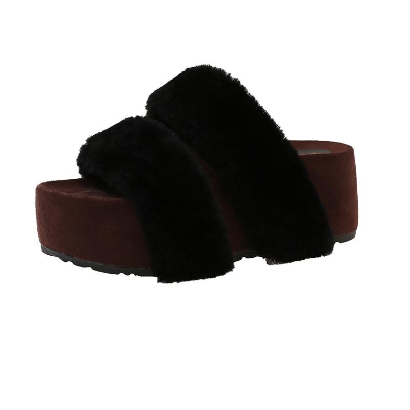 Women's Fashion Slippers Round Toe Platform Sole High Heels One-line Cotton Slippers Outdoor Fashion All-match Fleece Slippers