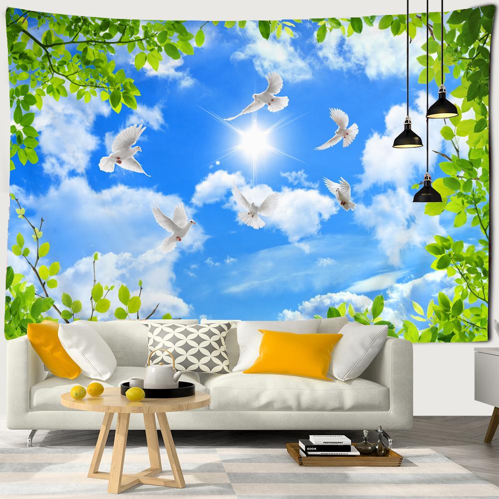 Landscape Tapestry Wall Hanging Sunny Scenery Blue Sky Love Heart Cloud Pigeon Beach Wall Tapestry Backdrop Wall Cloth Tapestry