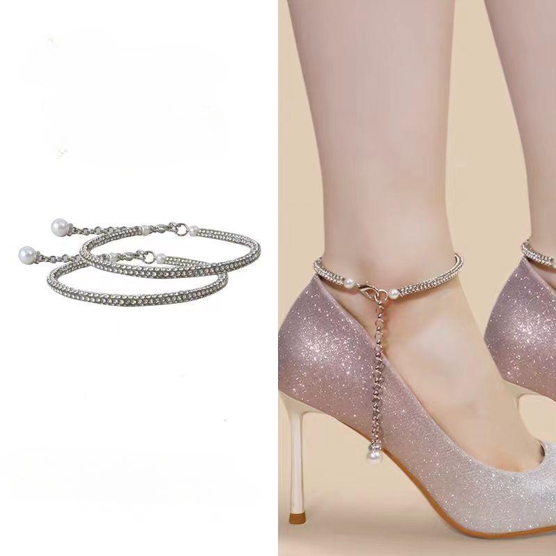 

Свободный противоскользящий ремень-цепочка на высоком каблуке со стразами, регулируемый ремень для обуви, удерживающий эластичный ремень для обуви, аксессуары серебряный