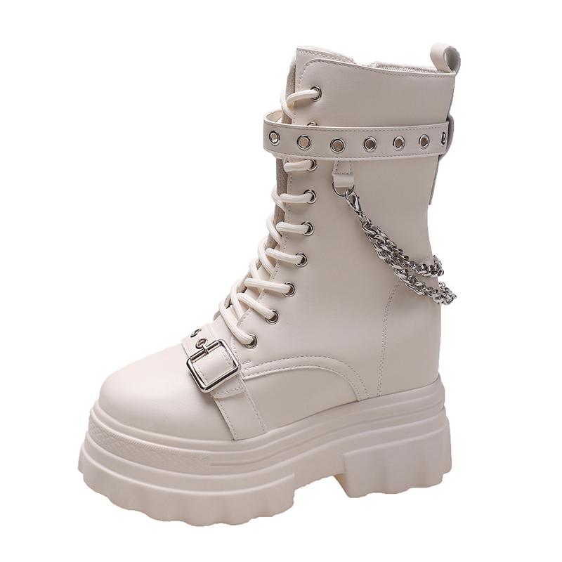 Autumn Thick Heel Ankle Boots Women 11.5CM Chunky Sneakers High Heels Winter Platform Leather Shoes Woman Metal Chain Punk Boots