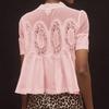 Women Tops Round Neck Short Sleeve Pure Color Pullover Tops Hollow Embroidery Mesh Yarn Loose Fit Casual Tops Daily Wear