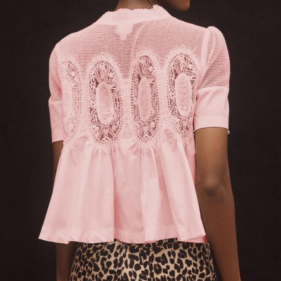 Women Tops Round Neck Short Sleeve Pure Color Pullover Tops Hollow Embroidery Mesh Yarn Loose Fit Casual Tops Daily Wear