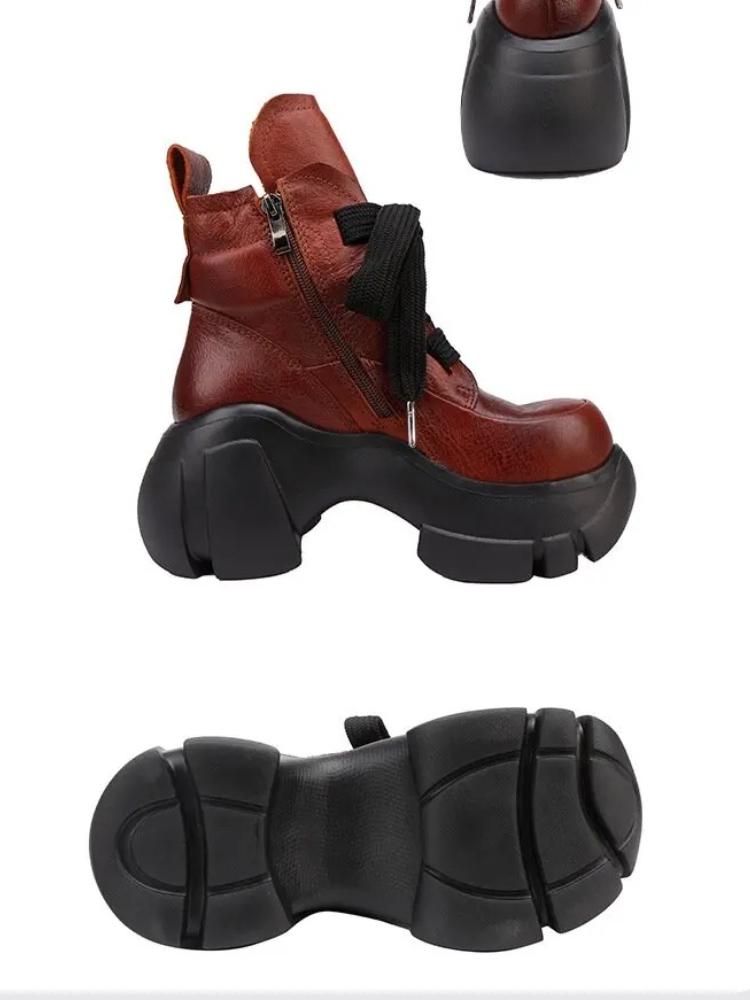 Johnature Genuine Leather Thick Soled High-heeled Boots Retro Lace-up Women's Short Platform Boots
