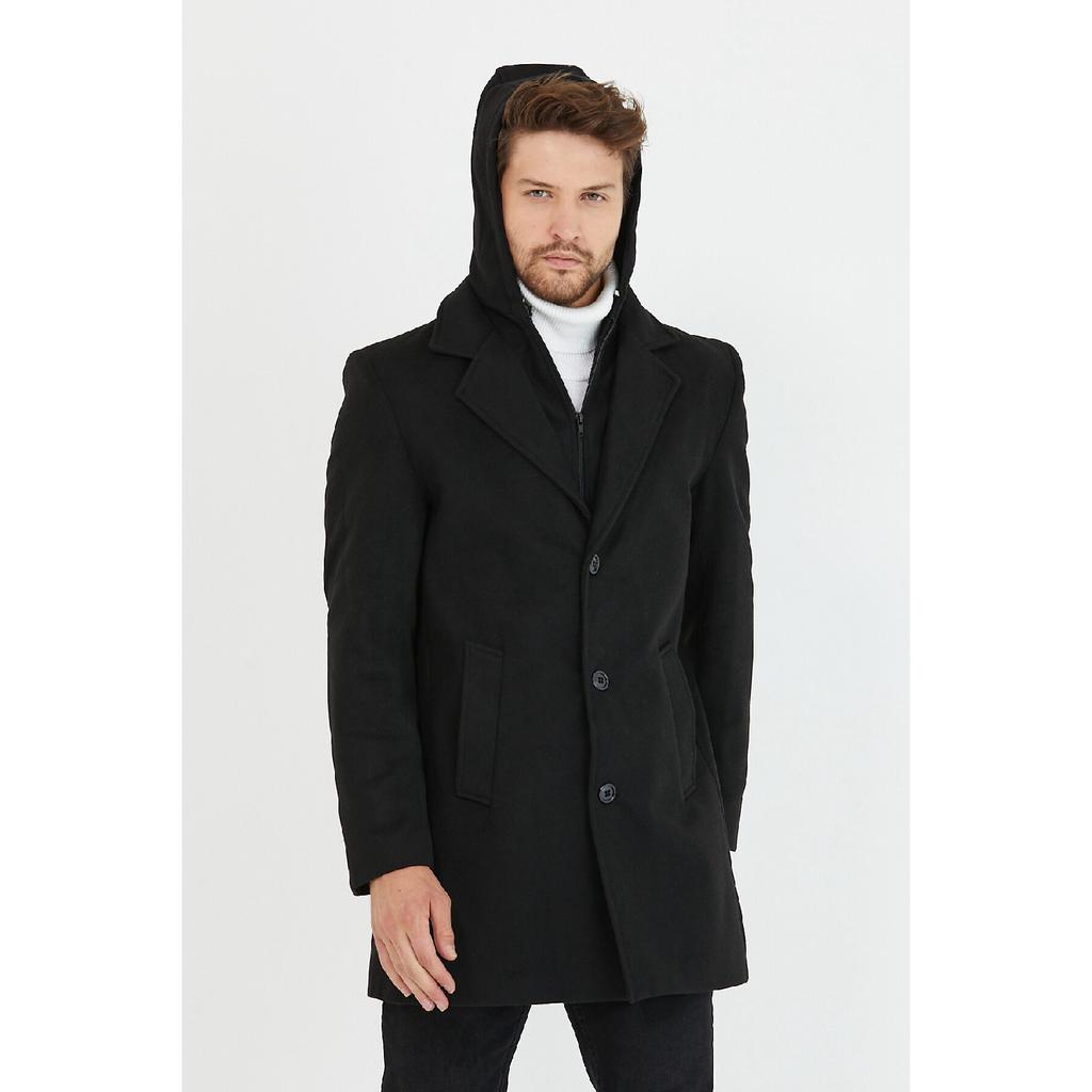 Schwarzer langer Herrenmantel aus Wollmischung und Kaschmir mit Kapuze, Reißverschluss und Knöpfen auf der Vorderseite