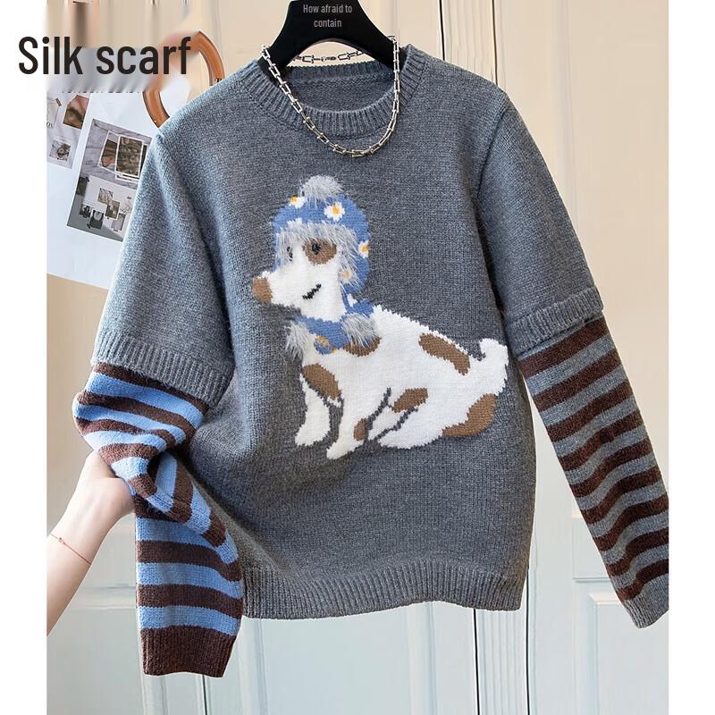 

Women s Round Neck Fake Two-Piece Cartoon Loose Sweater One Size