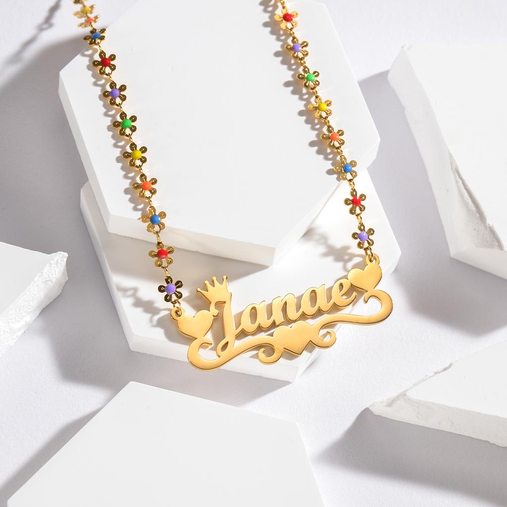 Atoztide Personalized Custom Name Necklace for Women Oil Flower Link Chain Stainless Steel Letter Fashion Pendant Jewelry Gift