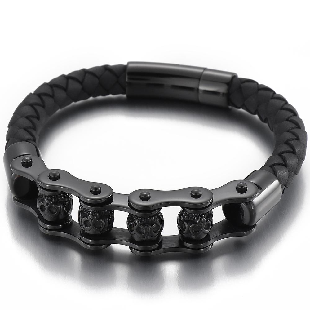 Rotatable Relieve Stress Skull Head Beads Bracelets for Man Punk Gothic Stainless Steel & Leather Motorcycle Biker Jewelry Gifts