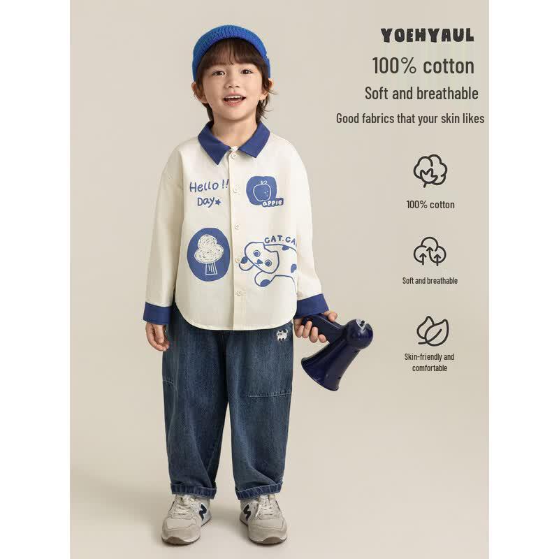 Boy's Soft Breathable Cartoon Color-Block Long Sleeve Shirt