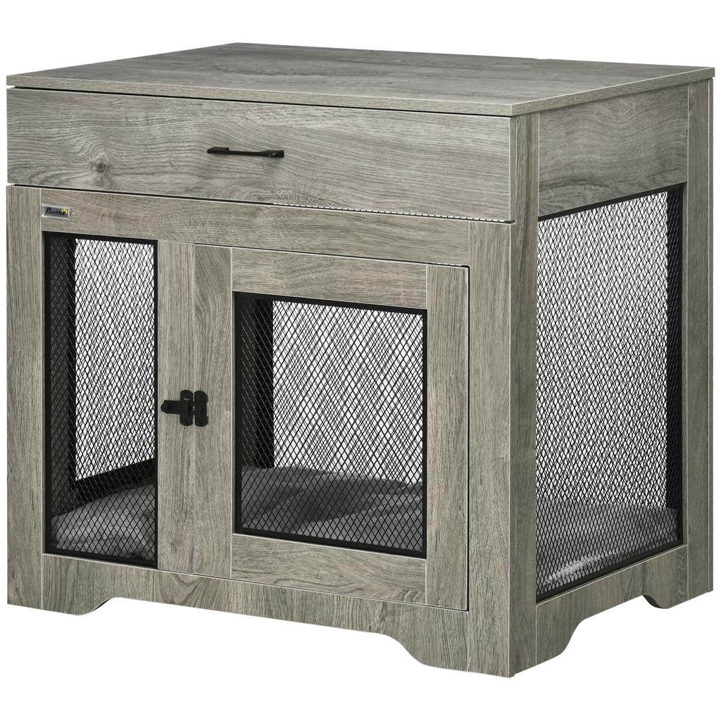 Dog Cage End Table with Two Doors, Drawer, for Medium Dogs - Grey