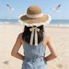 Women’s Lace Trim Crochet Straw Sun Hat Wide Brim Floppy Beach Hat with Bowknot for Summer Vacation UV Protection