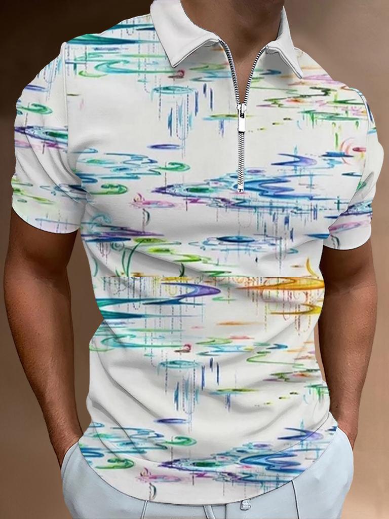Camouflage Print Half-Zip Short Sleeve Polo Shirt, Stylish Casual Top