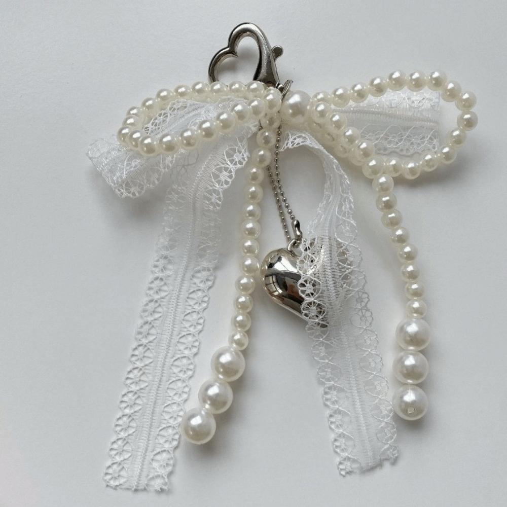 Zinc Zinc Alloy Pearl Keychain Heart Clasp Hanging Keyring Girlish Bow Bag Pendant Handbag Decoration