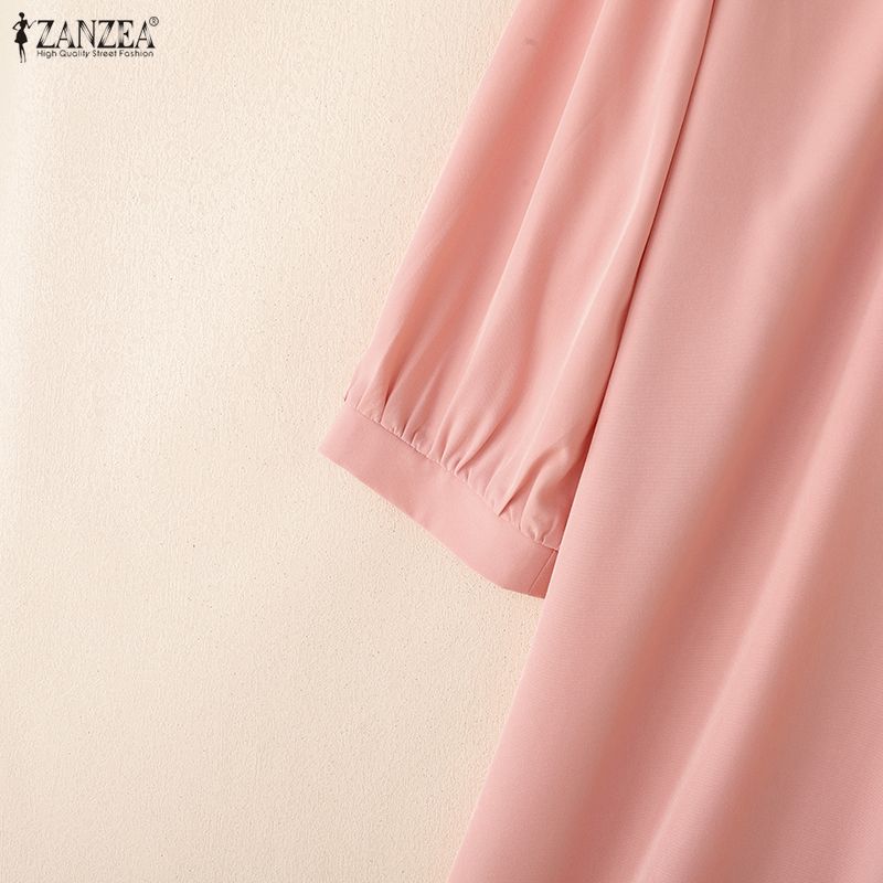 ZANZEA Women Casual V-Neck Loose 3/4 Sleeve Solid Dress
