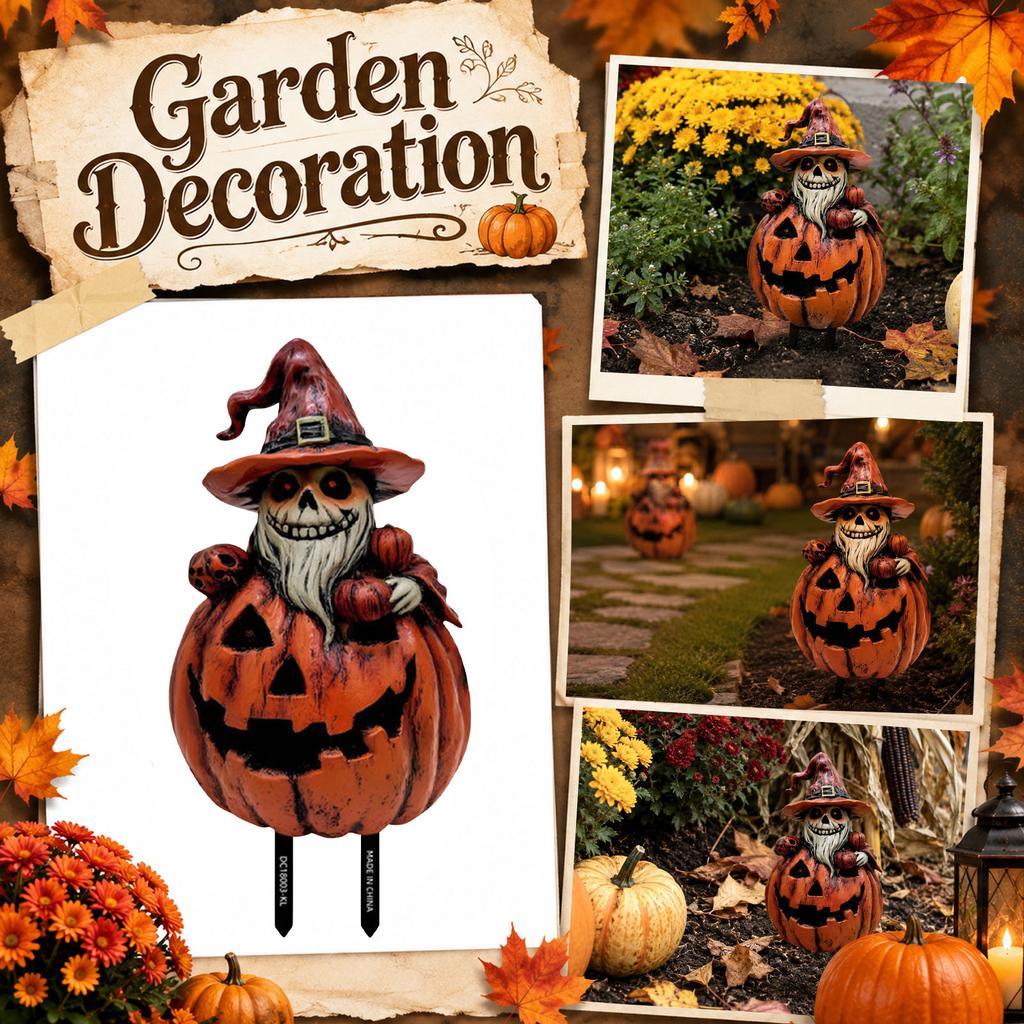 Garden Pumpkin Decoration Stake with Witch Hat Design PVC Yard Plant Pot Insert Outdoor Halloween Lawn Ornament
