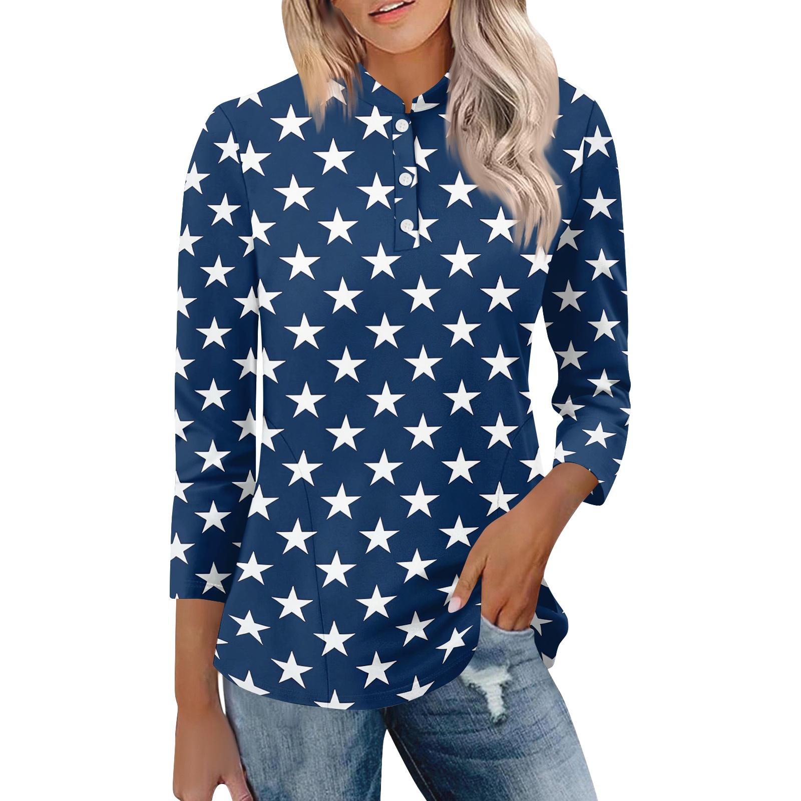 

Women’s Casual Polo Collar Loose Fit Three Quarter Sleeve Top Gradient Print 1776 Button Front Blouse for Everyday Wear M тёмно-синий