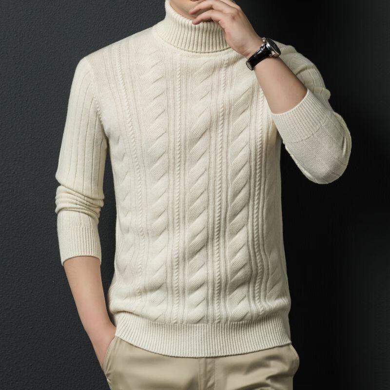 Fengxun Men's 100% Pure Wool Jacquard Turtleneck Sweater