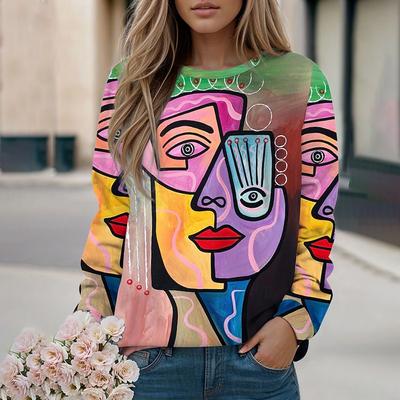 Kadın Uzun Kollu Üst 3d Soyut Yüz Baskılı Sweatshirt Yuvarlak Yaka Kazak Uzun Kollu Gömlek Sonbahar ve Kış Büyük Beden