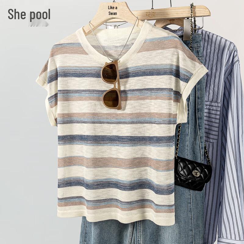 Women s Contrast Stripe Short Sleeve Knit Top One Size