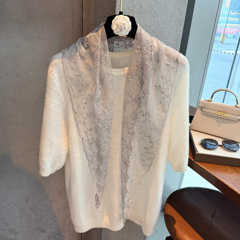 Lace Three-Dimensional Embroidery Flower Small Silk Scarf Spring And Summer Foreign Style Fashion Headscarf Temperament Decorative Scarf