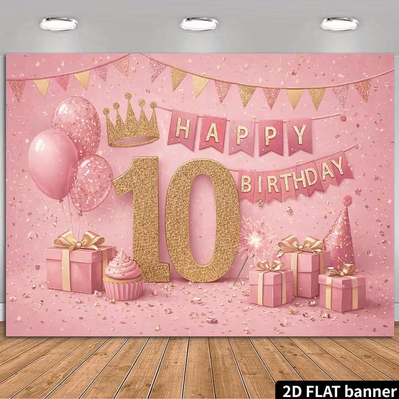 2D Pink Gold 10th Birthday Backdrop Photography Background