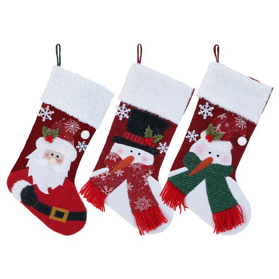 Christmas Stocking Snowman Santa Design Soft Xmas Stockings with Plush Cuff Fireplace Hanging Socks Candy Bag for Tree Fireplace Window Staircase