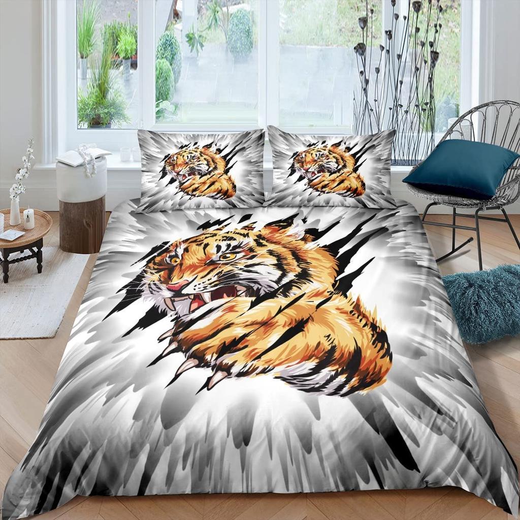 Tiger Wild Animals Duvet Cover Set King Of The Forest Pattern Polyester Comforter Cover King Queen Full Size For Kids Boys Girls