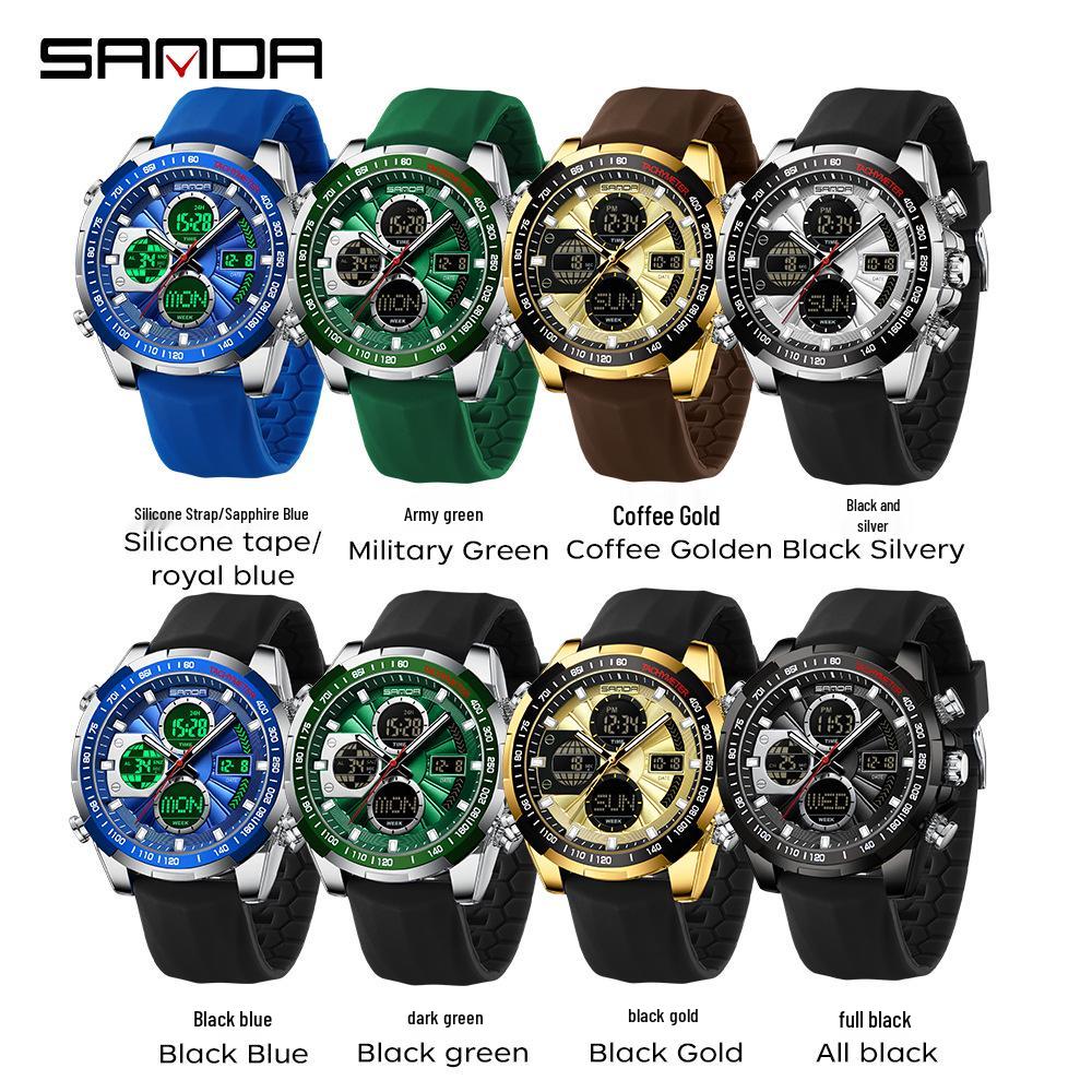 Sanda Dual Display Men's Multifunctional Sports Watch with Silicone Strap and Waterproof Feature