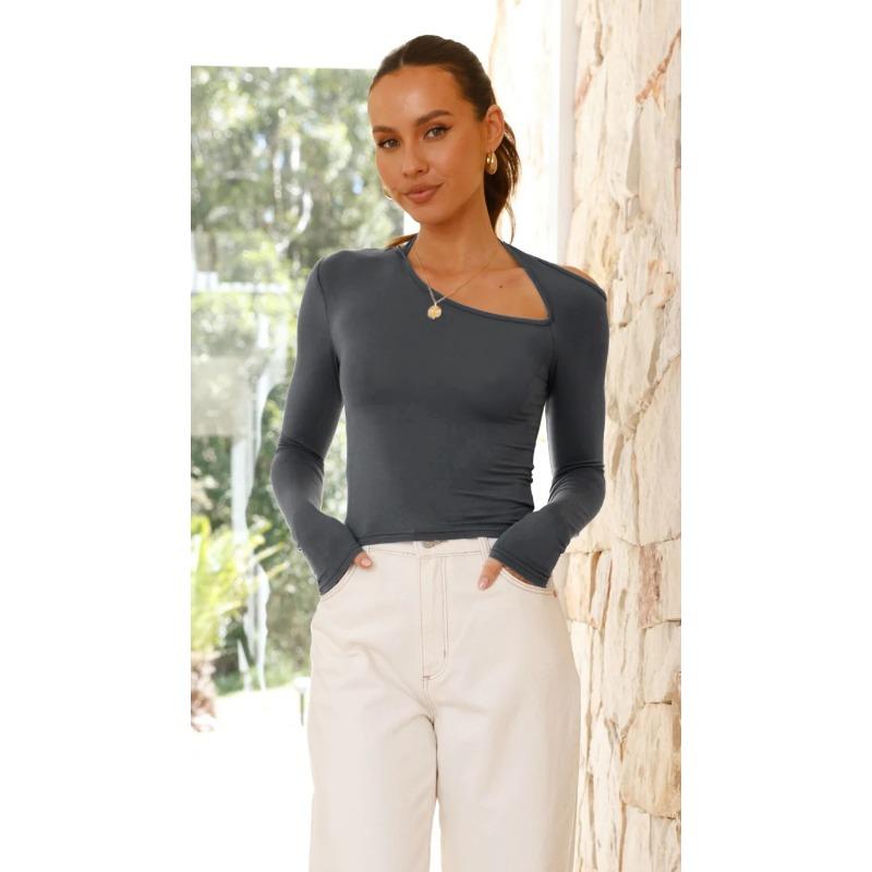 Women's Bottoming Shirt Temperament Commuter Hollow Sexy Irregular Collar Slim Long-sleeved Short Tops