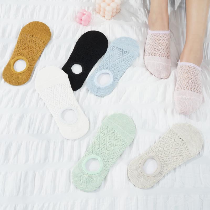 5 Pairs Summer Women's Mesh Cotton Socks Solid Color Silicone Invisible Boat Socks Silicone Non-slip Ankle Socks Deodorant Antibacterial Socks