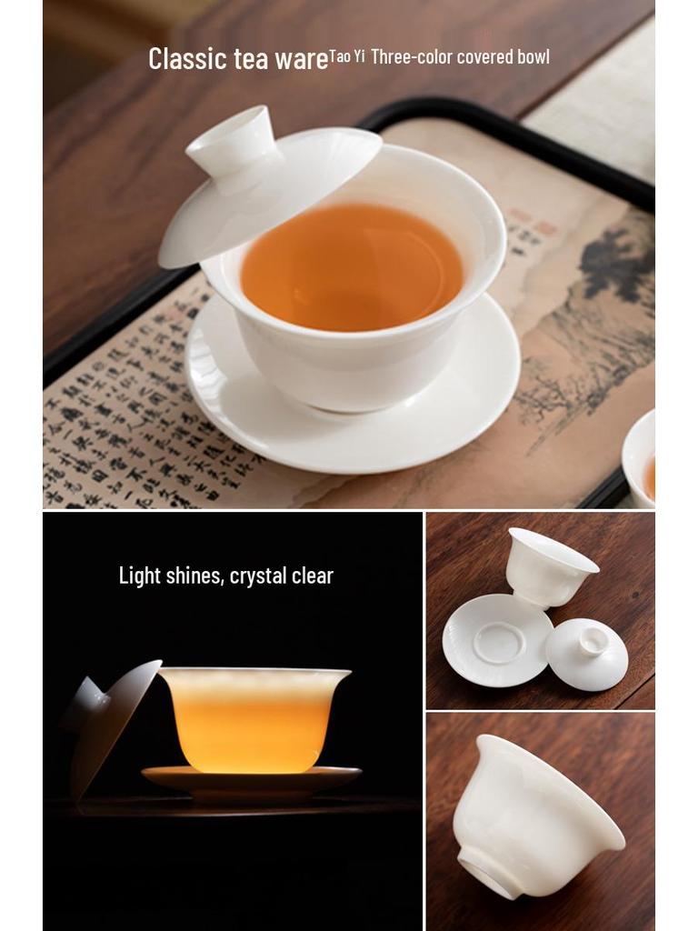 Lux Mutton Fat White Porcelain Kung Fu Tea Set: Gaiwan & Teacup with Portable Gift Box