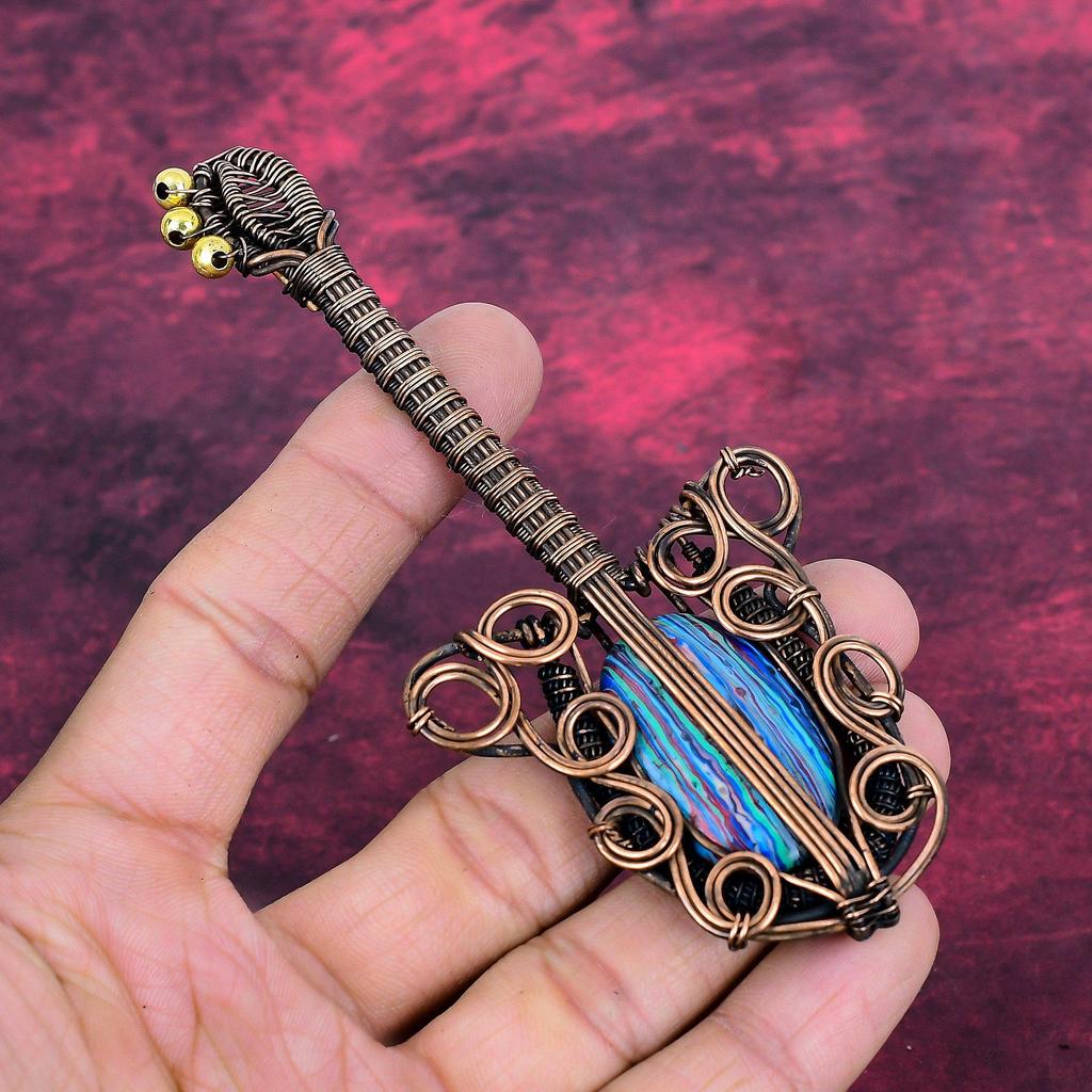 Rainbow Calsilica Gemstone Pendant Guitar Pendant Copper Wire Wrapped Jewelry