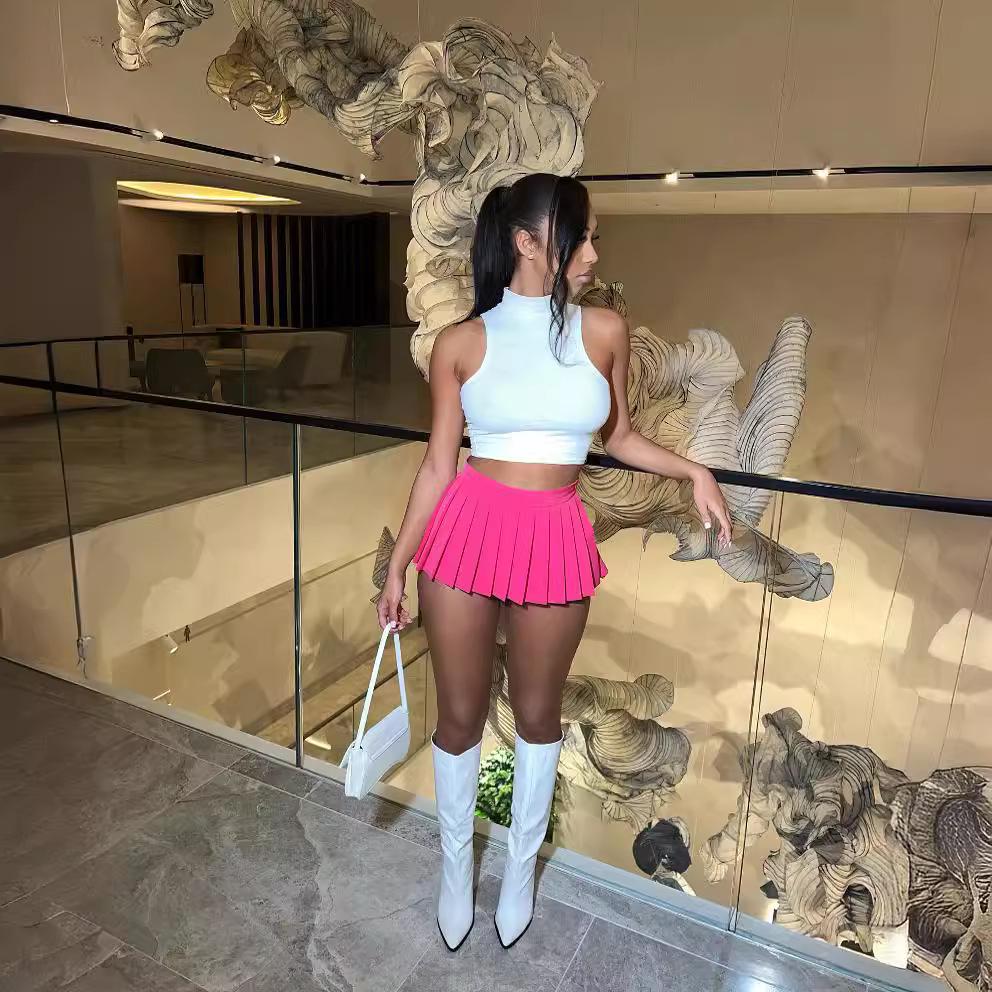 AD1347 Γυναικεία Καλοκαιρινή Σέξι Μίνι Πλισέ Φούστα - Μονόχρωμη, 2023 Μόδα