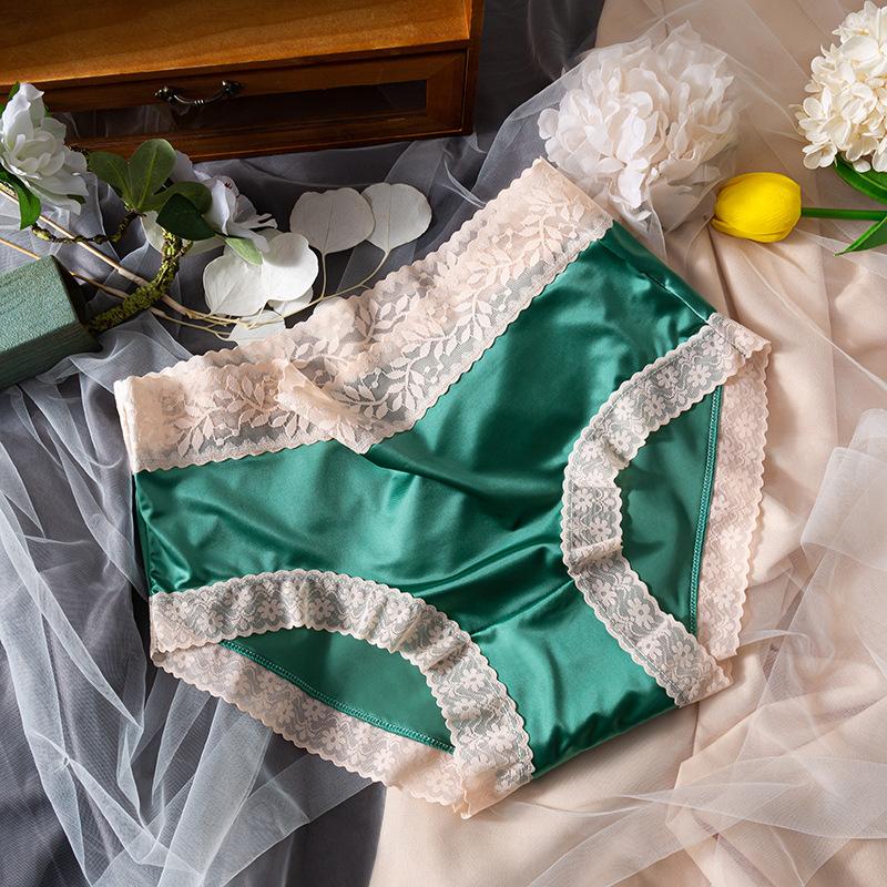 Ladies Spring and Summer Clash Color Lace Edge Naked Sense Without Trace Ice Silk High Waist Triangle Briefs
