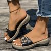 Fashion Retro Diamond Decor Pu Leather Slippers Women Chic Buckle Design Patchwork Med Heel Sandals Female Roman Thick Sole Slides Mujer