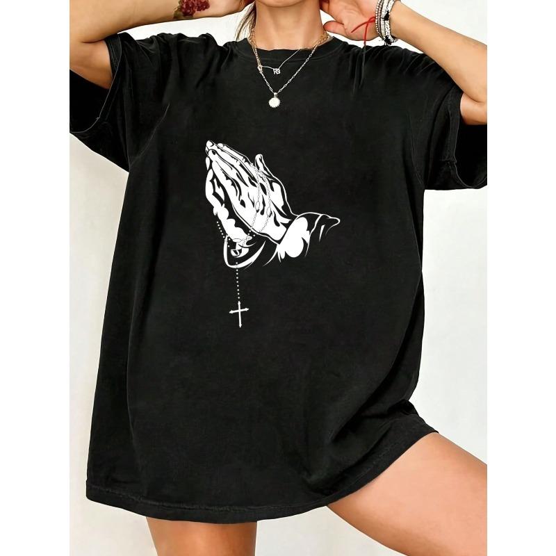 

Oversized T Shirt Black Praying Hands With Rosary Cross Print Casual Streetwear For Women XXXXL чёрный