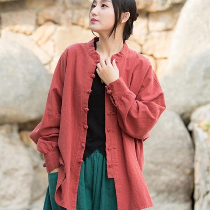 Vintage Shirt Women Chinese Style Frog Solid Simple Leisure Loose Comfortable Single Breasted O-neck Minimalist Autumn Wear