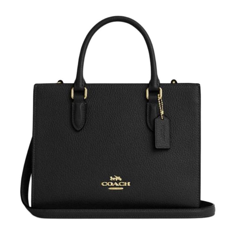 Coach Maggie 25 Gold Logo Pebbled Leather Tote Bag Shopping Bag Shoulder Crossbody Tote Medium Women's Black