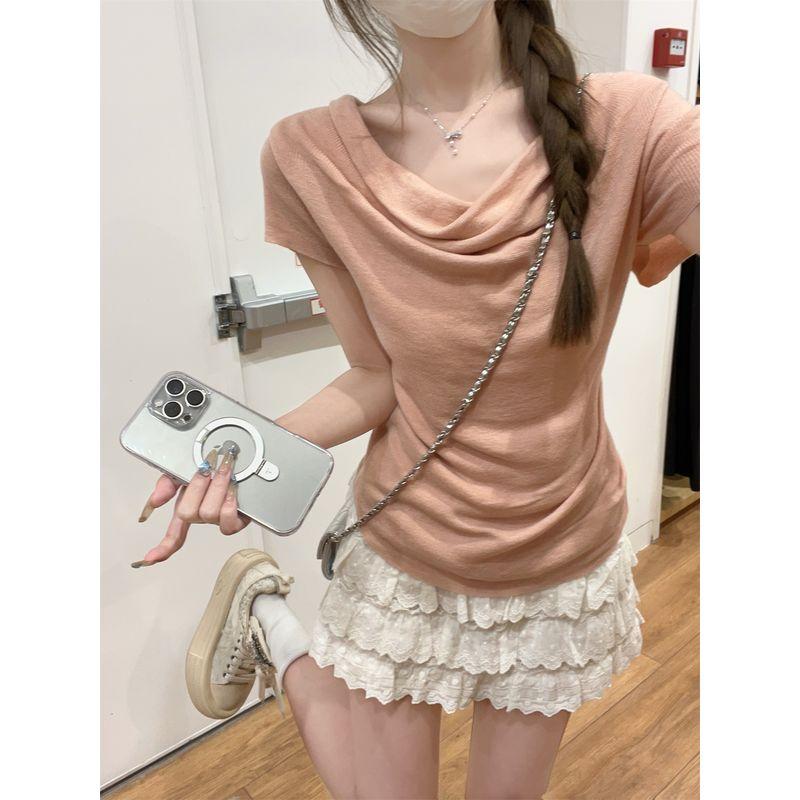 Kumikumi Gentle Wind Solid Swing Collar Knitted Short sleeve T-shirt Women Summer French style Age-Reducing Waist Hugging Slimming Top