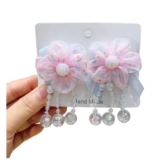 Gradient Organza Flowers Bowknot Imitation Pearl Decor with Beaded Tassel Hair Clip розовый