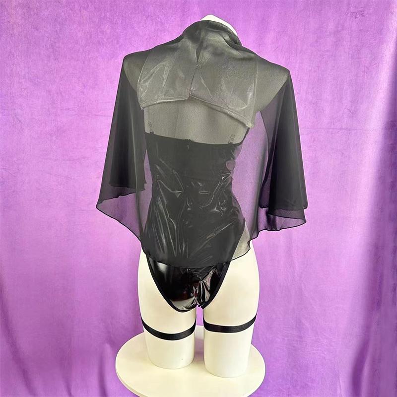 Erotic Sexy Anime Nun Uniform Cosplay Women PU Leather Transparent Hollow Bodysuit Gothic Sister Maid Costume Halloween Jumpsuit
