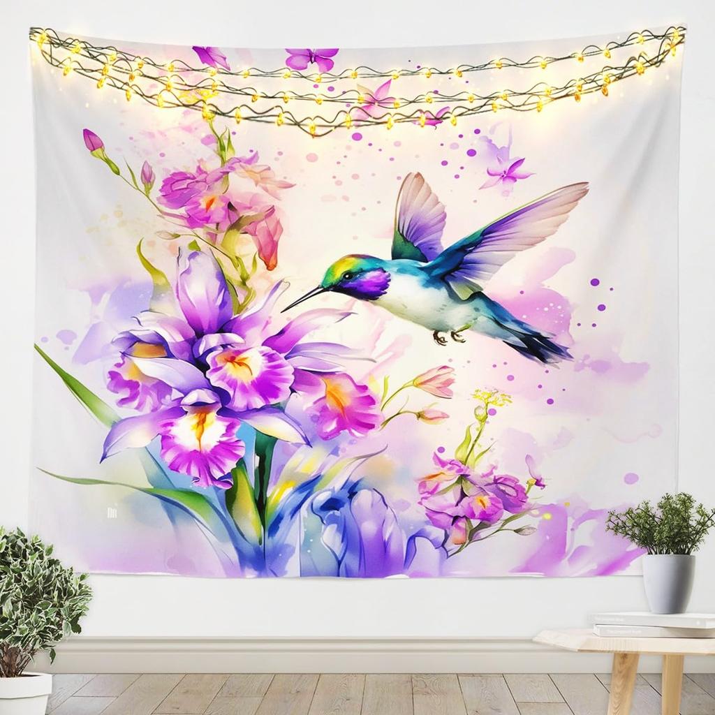 Watercolor Hummingbird Tapestry, Vibrant Wall Hanging with Colorful Hummingbirds & Cherry Blossoms on Purple Background