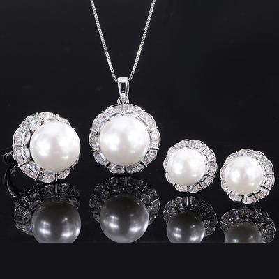 Jewelry Inlaid White Beads Handmade Diamond Inlaid Ring Pendant Stud Earrings Set 16Mm12Mm