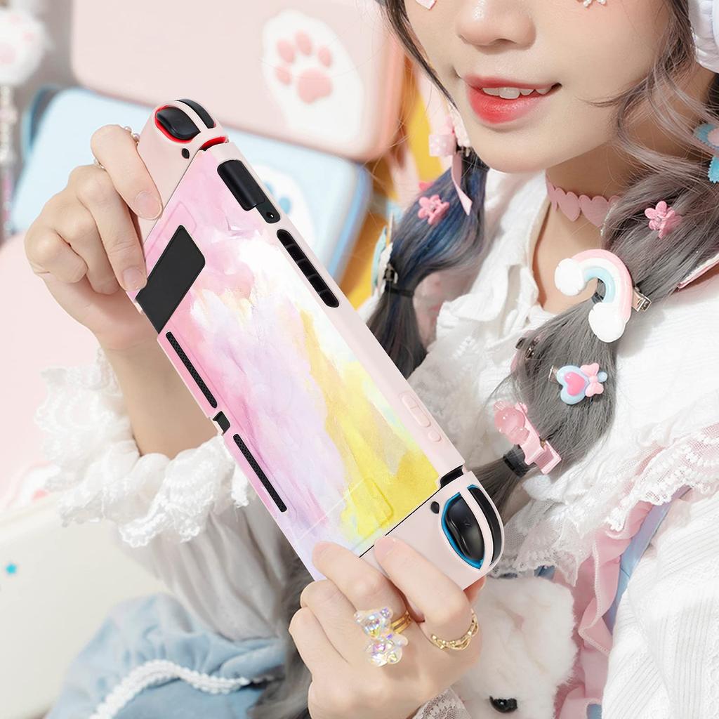 DLseego Switch Split Full Easy To Attach and Analog Stick Cute Cat Claw Paw Tempered Glass Durable Pink Case, Cover, Protection, Lightweight,