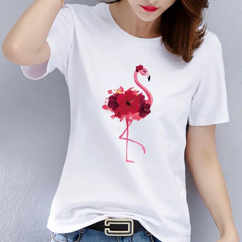 Flamingos Pattern Half Sleeve Tshirt Womens Harajuku Style Graphic Top Aesthetic Short Base Shirt Fashion for Ladies