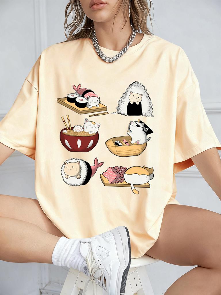 Kawaii Sushi Cats Printing TShirts Womens Summer Cotton Short Sleeve T Shirt Loose ONeck Comfortable Tops Casual Woman Clothes