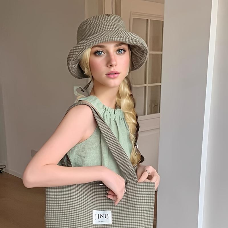 1Pc Women's Wide-Brim Bucket Sun Hat - Plaid Print Fisherman Hat, Suitable for Travel, Beach, Hiking - Wide-Brim Outdoor Sun Hat
