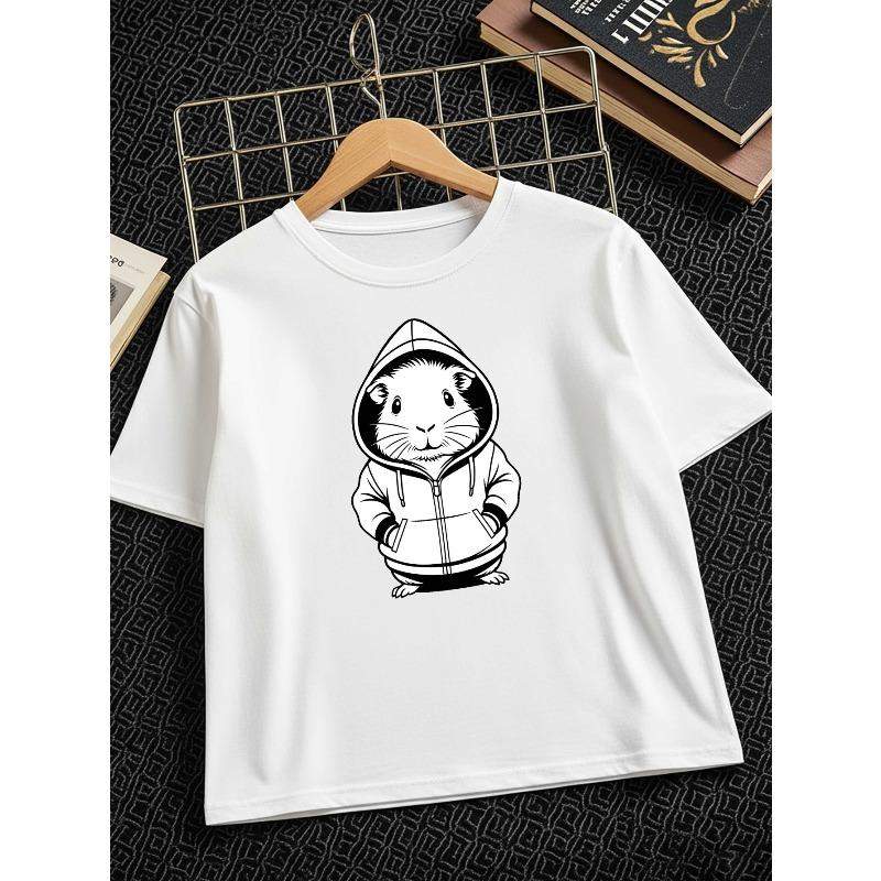 Kids Crewneck Short Sleeve Tee, Cute Guinea Pig Cartoon Print Comfort Casual Summer Kids Top 110